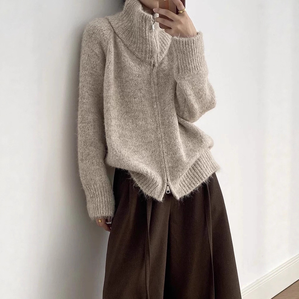 Maillard Retro Zipper Cardigan Knitwear Women's Autumn and Winter Lazy Style Relaxed Stand-Up Collar Floral Yarn Knitwear Top Trendy