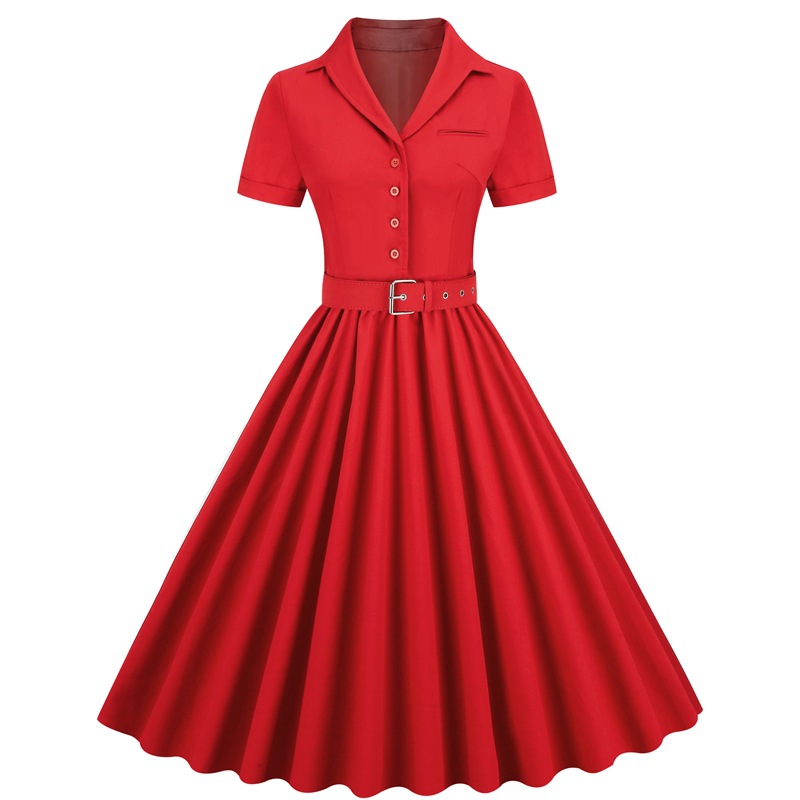 European And American Cross-border Women's Dress, Short-sleeved, 2025 New Summer Vintage Solid Color Large Hem_ecoleips.com