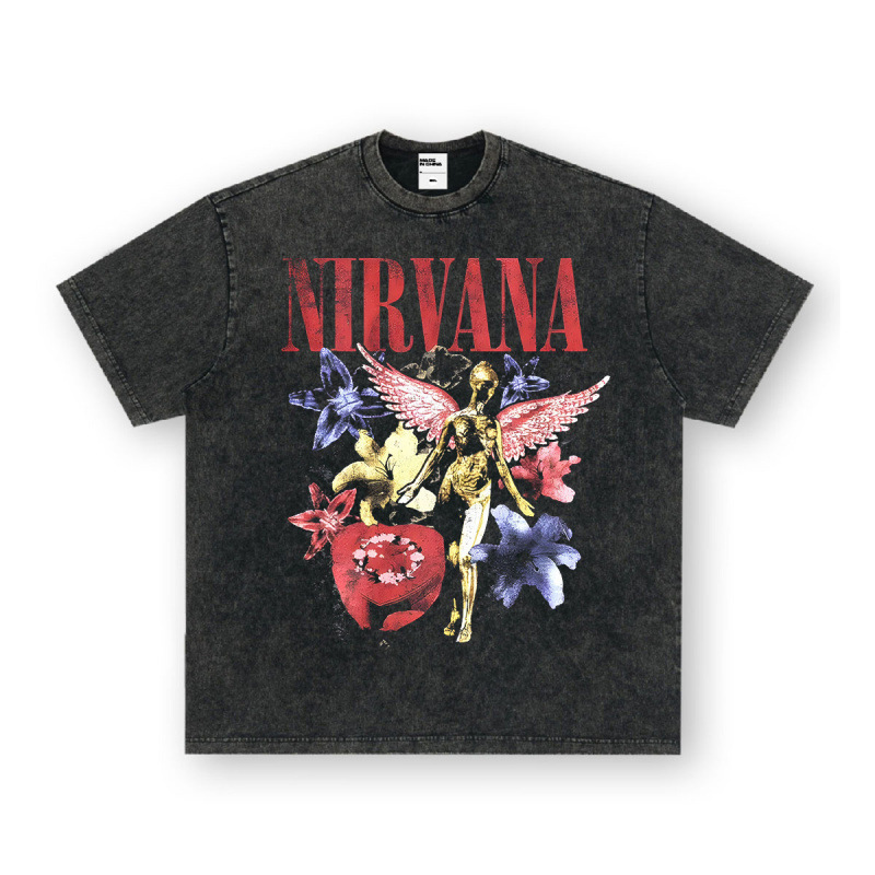 NIRVANA ロックアメリカン 3D デジタルプリントレトロ半袖 T シャツクロスボーダープリントアメリカンファッションヴィンテージ模造綿|undefined