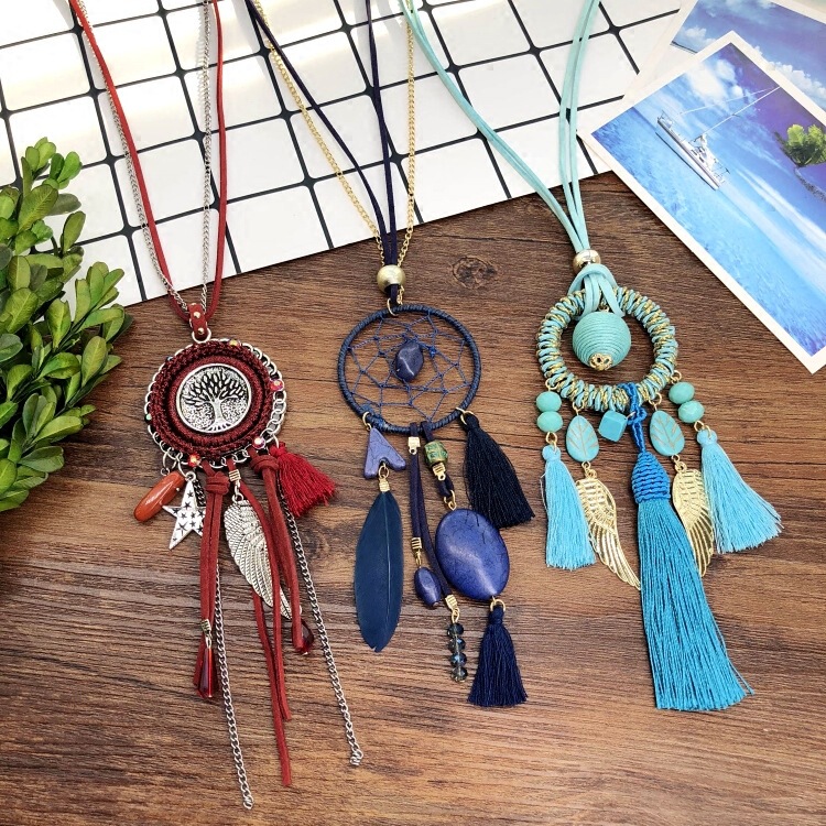 Vintage Handmade Bohemian European and American Dream Catcher Element Necklace Women's Fashion Elegant All-match Tassel Pendant Accessories