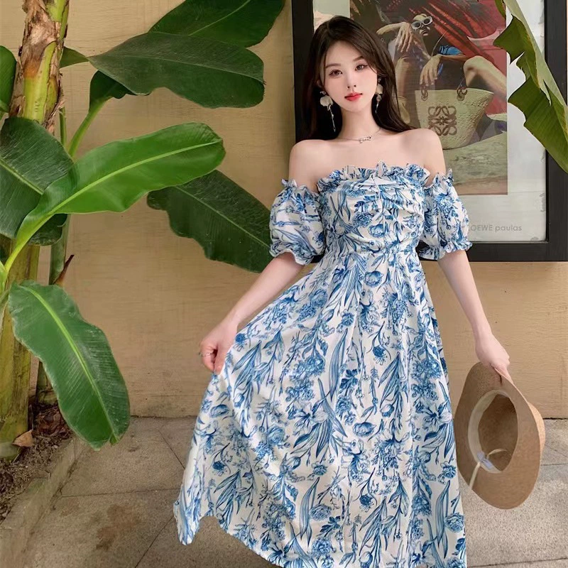 Новинка 2025, шикарное и потрясающее синее платье-труба с цветочным принтом на одно плечо, на подтяжках, женское платье ISN Trend