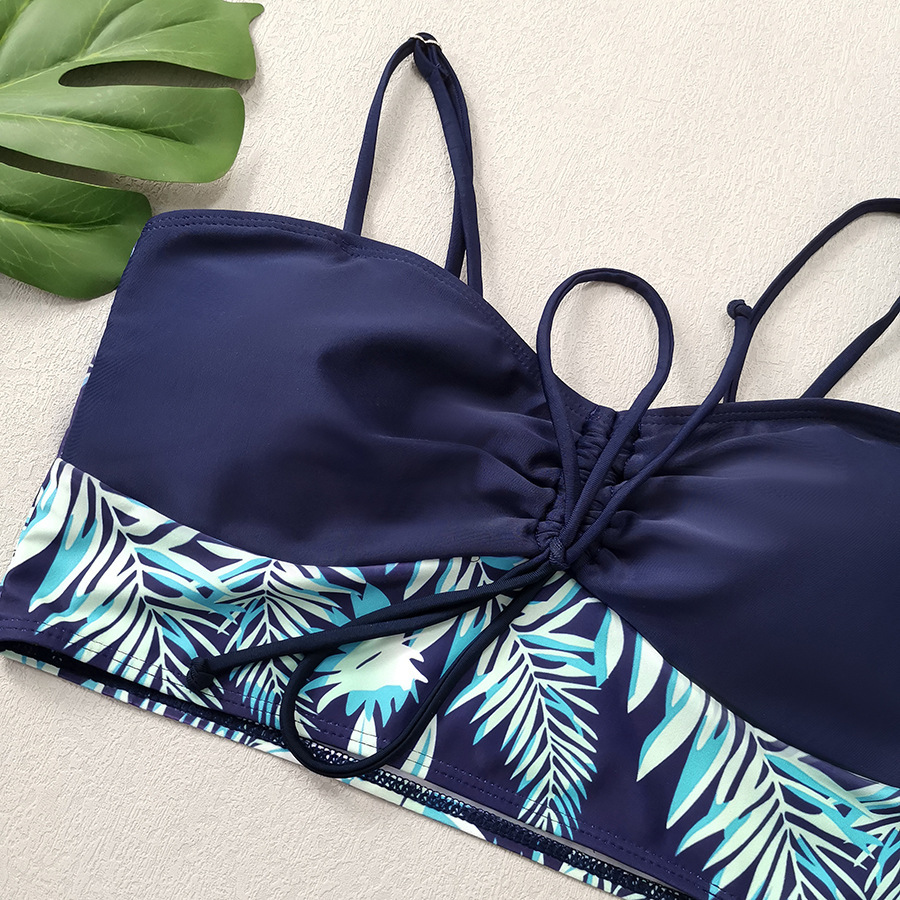 High Waist Lace up Print Swimsuit for Women Split Boxer Style Solid Color Splicing Design European American Foreign Trade 2024 Large Size_ecoleips.com