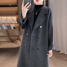 新款羊毛呢双面毛呢大衣女士双排扣长款2025新款秋冬季赫本风外套