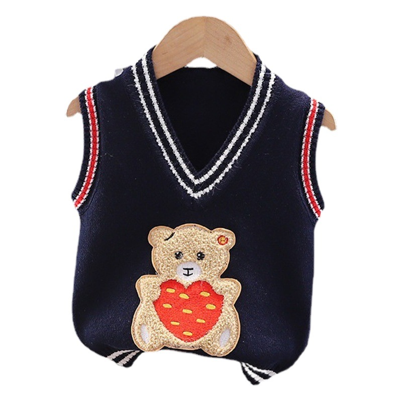 [Oso Jin Yong] de los niños británicos estilo preppy oso bordado chaleco primavera color sólido bebé nuevo algodón superior hilo