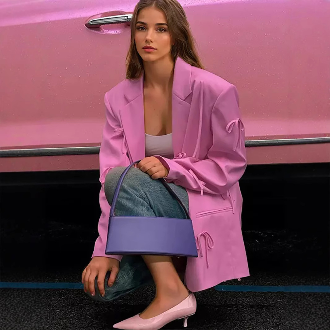 European and American Cross-Border Women's Fashion Romantic Pink Bow Tie Suit Loose Jacket Fashion Loose Jacket
