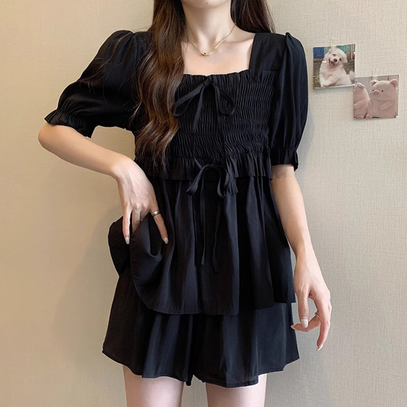 [Original Workmanship] Plus Size Fat mm Flesh-Covering Suit Summer Suit Complete Set of Two Popular Black Shirts and Shorts This Year