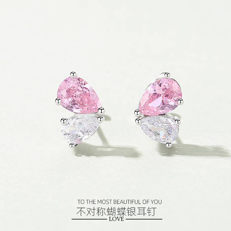 Stud pendientes 925 plata esterlina diamante mariposa asimétrica Stud pendientes moda de las mujeres alto sentido estilo coreano pequeños pendientes de la joyería al por mayor