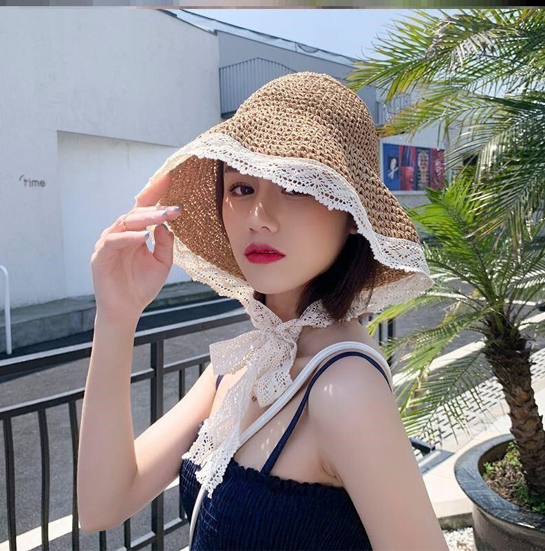 网红草帽女夏蕾丝系带沙滩帽小清新海边出游度假防晒遮阳帽子绑带