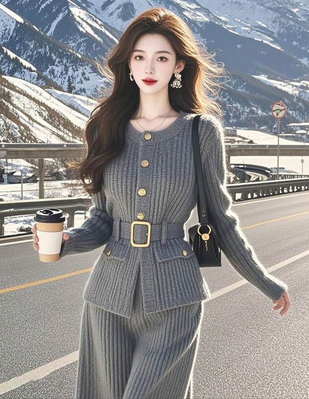 2025秋独特绝美高级感气质显瘦针织外套裤子套装女一整套初冬穿搭|undefined