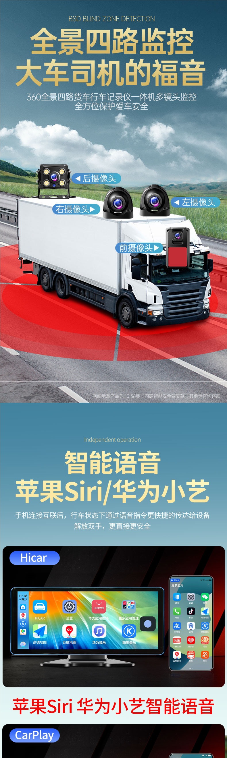 Truck 360-degree panoramic dashcam with CarPlay mobile phone connectivity, MP5, blind spot four-way warning monitoring system