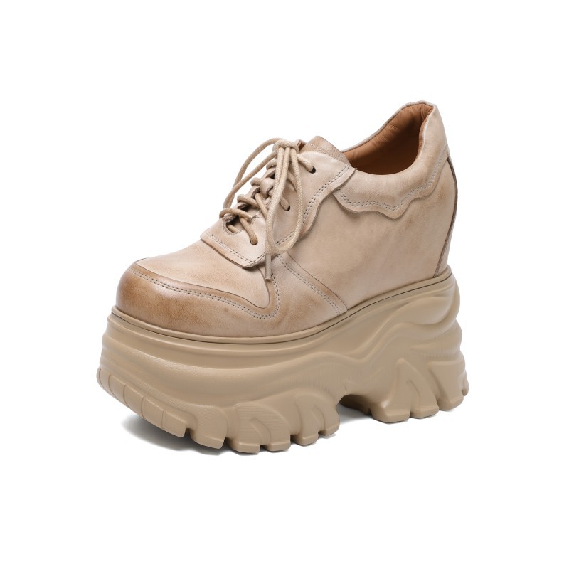 Giày thể thao nữ đế xuồng platform cao 14 cm, da thật, phong cách mới — màu nâu