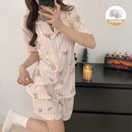 云朵棉带胸垫睡衣女夏季两件套 翻领粉条纹卡通短袖短裤家居服