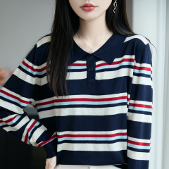 彩色条纹撞色针织衫女多领型精纺长袖早秋外搭罩衫上衣打底衫女装