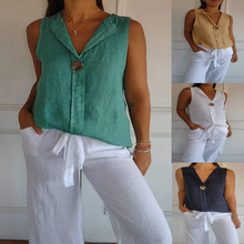 2025新款现货跨境外贸欧美女装独立站假开衫V领棉麻无袖休闲衬衫