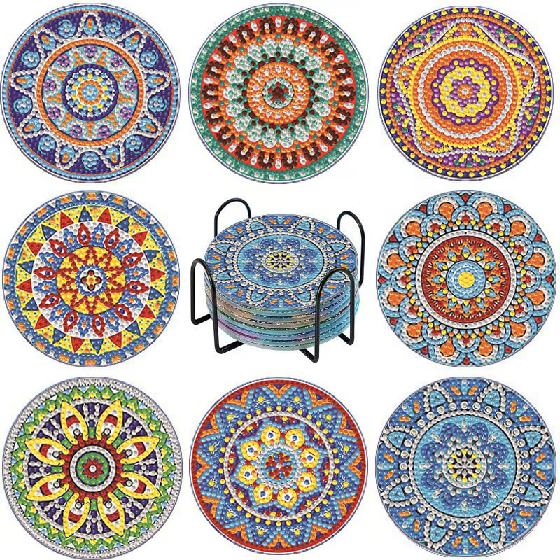 Posavasos de pintura de diamantes de diamantes de diamantes completos transfronterizos hechos a mano almohadilla de aislamiento térmico de diamantes de punto de acrílico redondo de bricolaje fondo de corcho antideslizante posavasos