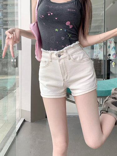 Women's New Summer Stretch Denim Shorts, Thin Fit, Large Size, High-Waisted, A-Line Straight Leg, Wide Leg Hot Pants