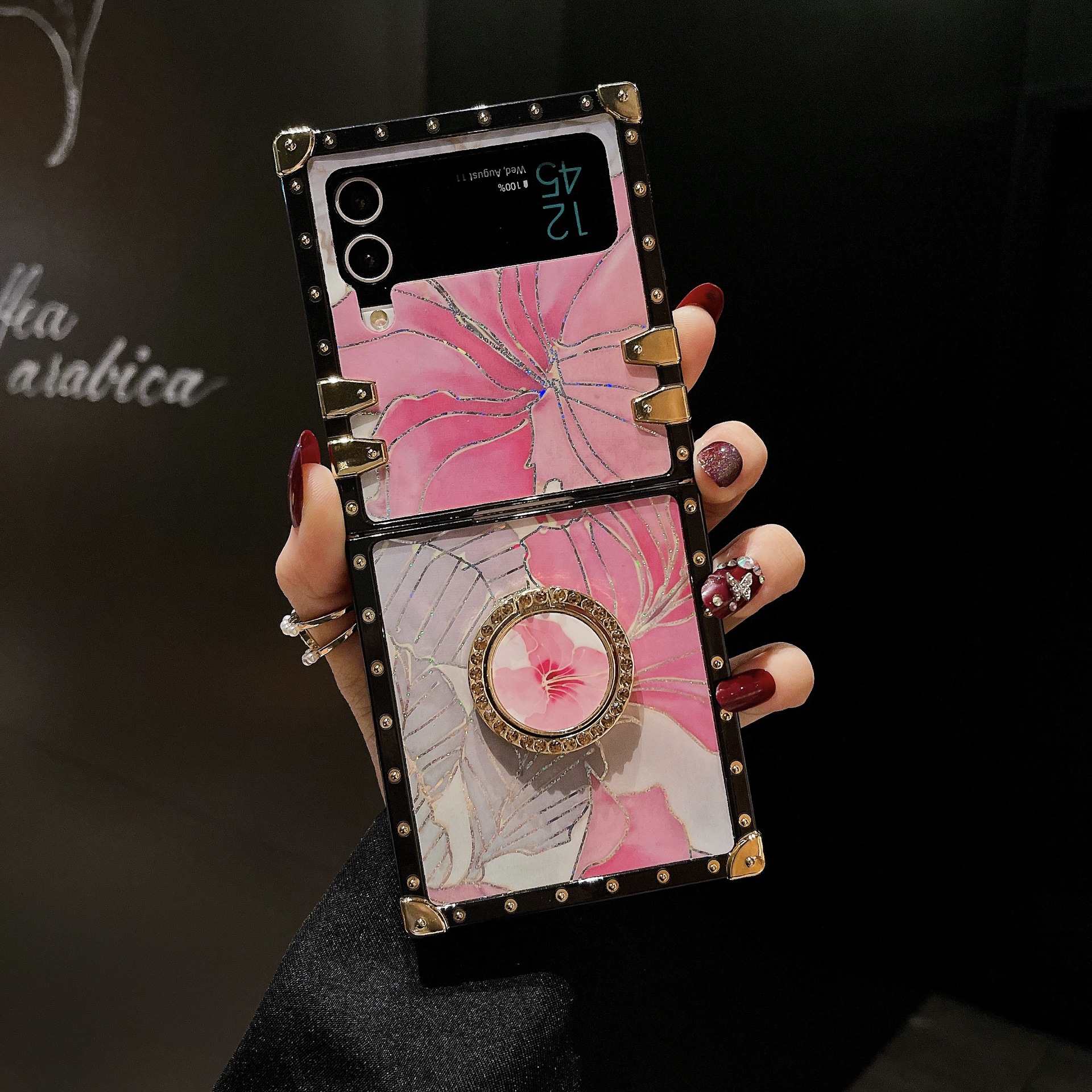 Tidal suitable for Samsung ZFLIP5/ZFLIP 4 black butterfly large pink flower stand anti drop folding phone case_voghion.com