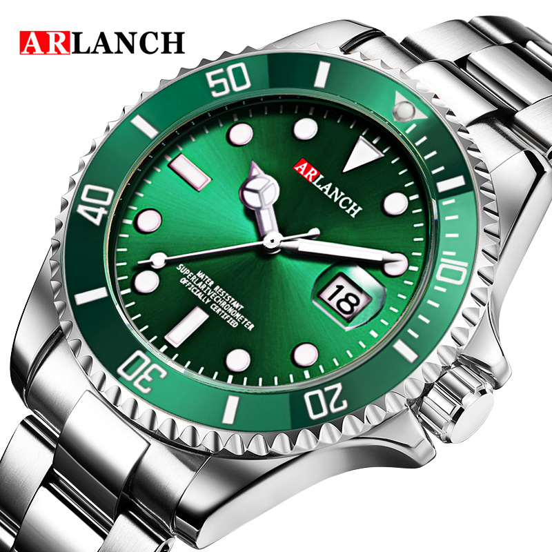 Reloj de pulsera luminoso e impermeable para hombre, de acero inoxidable, con anillo rojo y azul estilo cola, reloj de hombre verde fantasma de agua, venta al por mayor, resistente al agua hasta 30 m