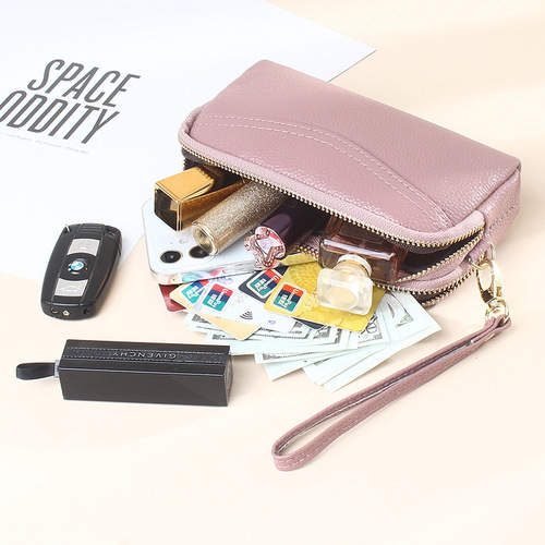 New style cowhide genuine leather long wallet European and American fashion mobile phone bag double zipper large capacity ladies clutch bag wholesale