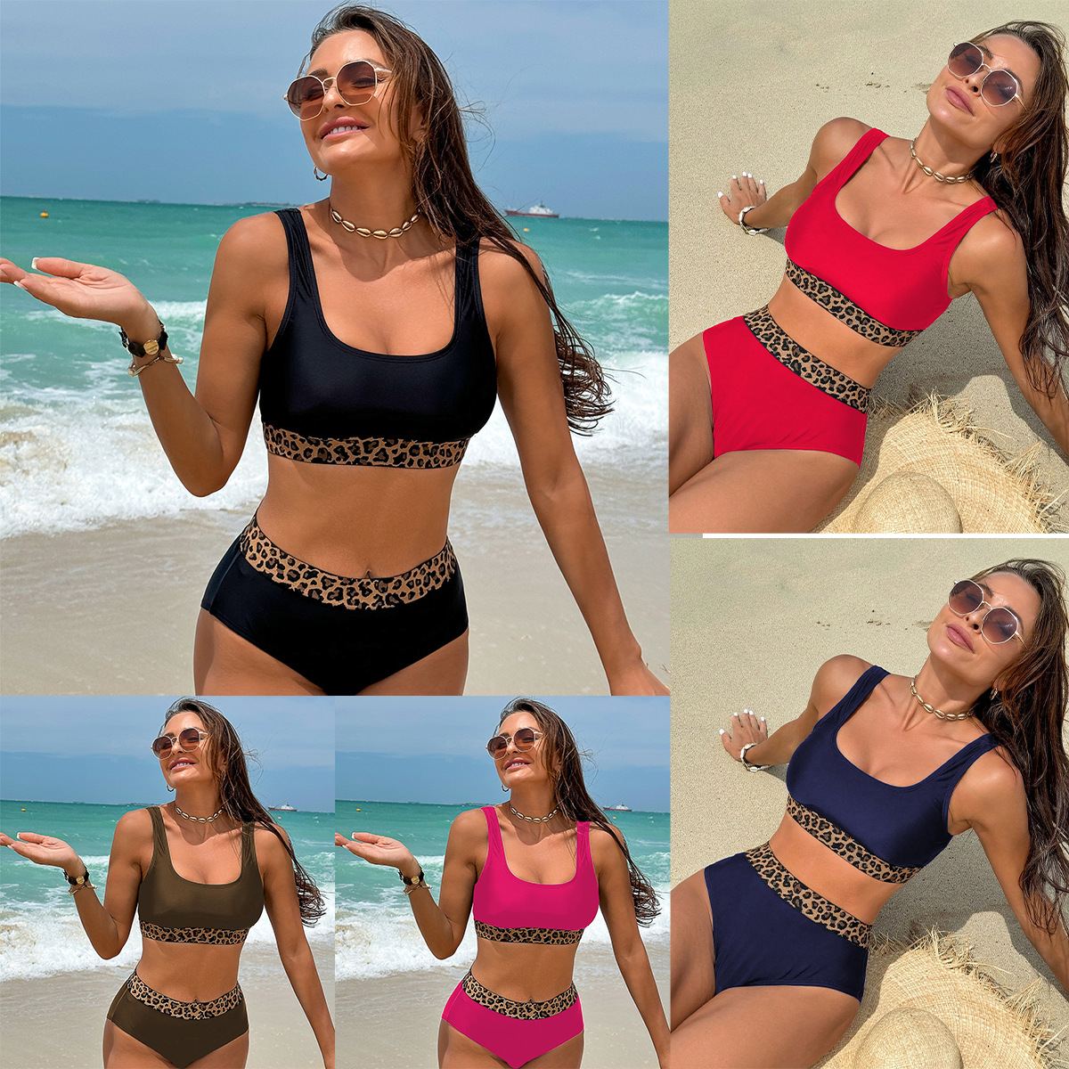 Overseas warehouse a generation of women's fashion sexy solid color vest leopard ribbon bikini split swimsuit wholesale