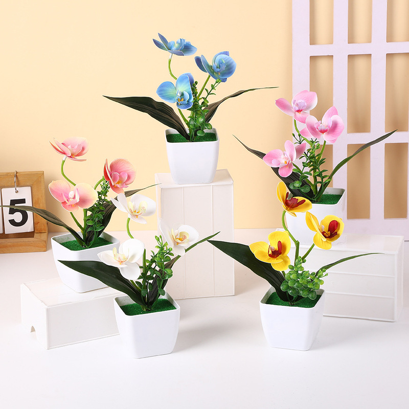 模擬造花小さな正方形ポット 3 胡蝶蘭ホームオフィス装飾小さな鉢植え偽盆栽緑植物盆栽装飾品|undefined