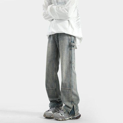 Vintage American-style mens spring and summer high street trendy brand ripped zipper pants retro cool rebel vibe lumber pants