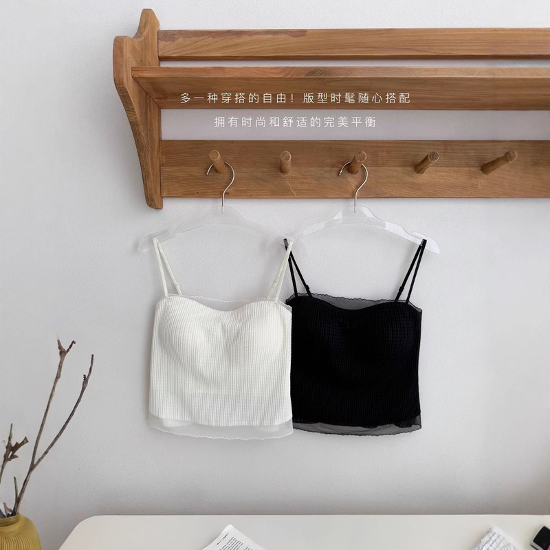 Spring and Summer Anti-Exposure Tube Top with Thin Straps, Sugar Cube Pattern, Simple Style with Breast Pads, Pure Lust Style Outer Wear Camisole with Beautiful Back