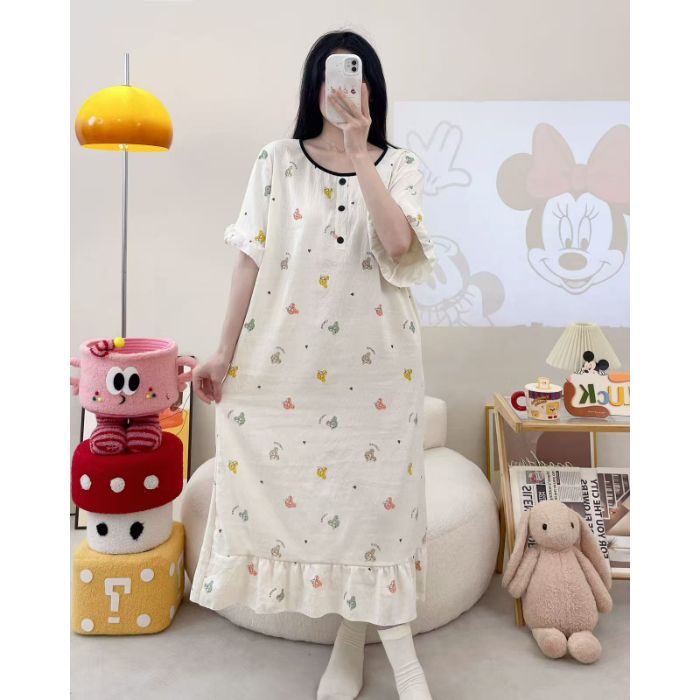 Camisón transfronterizo verano nuevo estilo femenino falda larga de manga corta dulce y linda nube de algodón estilo simple pijama de cuello redondo se puede usar afuera