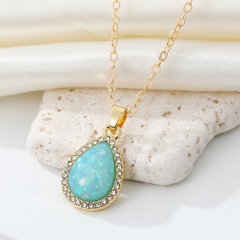 Vintage Bohemian Full Diamond round Water Drop Resin Necklace Simple Opal Pendant Necklace CrossBorder Sold Jewelrypicture12