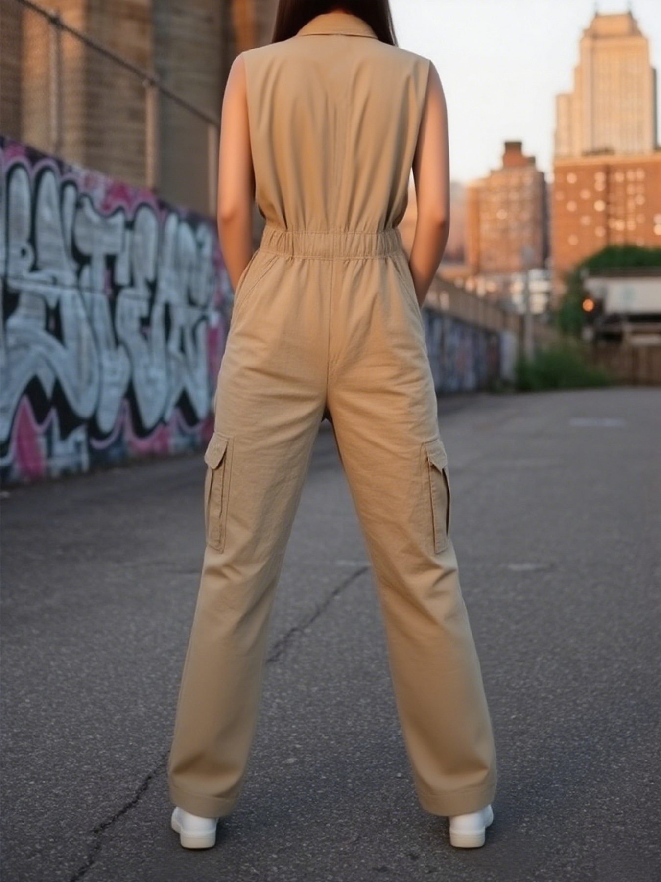 Europa y los Estados Unidos transfronterizos 2025 nueva moda para mujeres herramientas multi-bolsillo cremallera V-cuello cintura camiseta pantalones sueltos