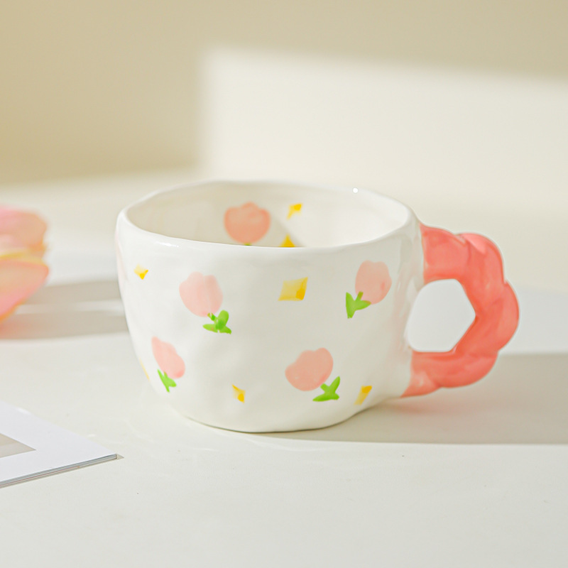 Retro pintado a mano flores hechas a mano irregular tazas de cerámica encantadoras tazas de café diseño tazas de café tazas de agua caseras