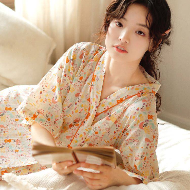 Ins Nightgown for Women Summer Style 100% Cotton Sexy Long Sweet Japanese Style Summer Thin Bathrobe Short-Sleeved Home Wear Ins Nightgown for Women Summer Style 100% Cotton Sexy Long Sweet Japanese Style Summer Thin Bathrobe Short-Sleeved Home Wear