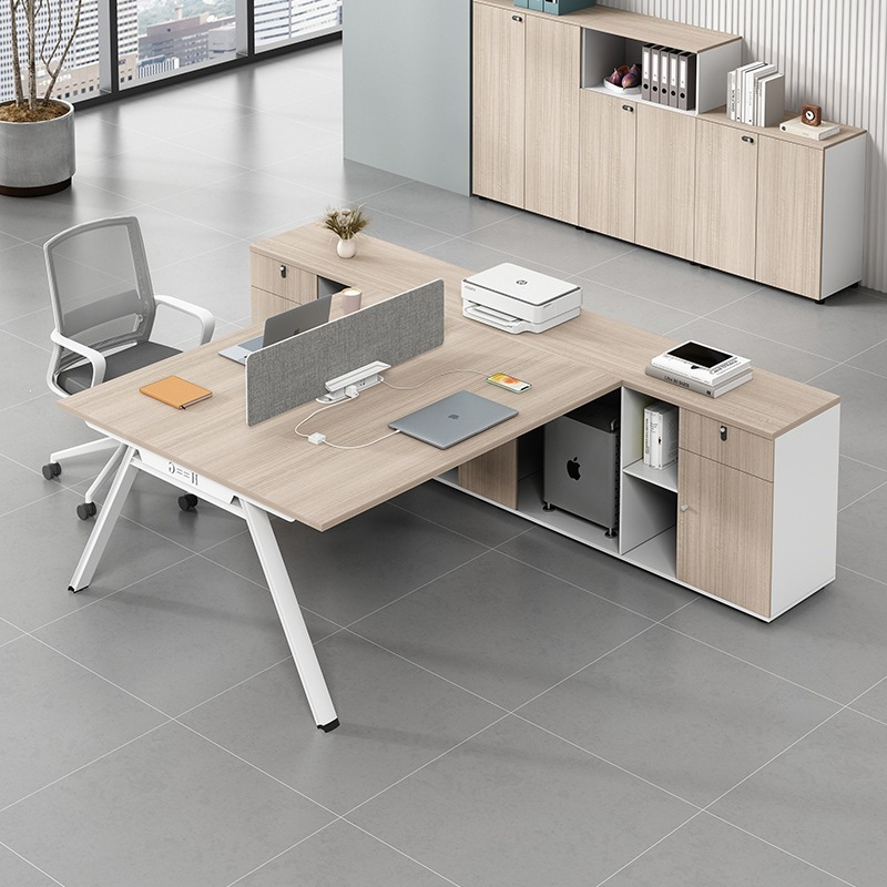 Financial Office Desk and Chair Set, Double-Facing Staff Desk for 2 or 4 People with Storage Cabinet, T-Shaped Workstation