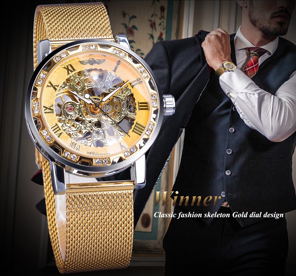 Men's Skeleton Mechanical Watch With Rhinestone Mesh Strap_voghion.com