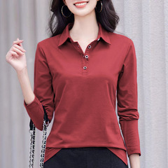 POLO襟長袖正肩tシャツ女子春秋新モデル中高年ママ服
