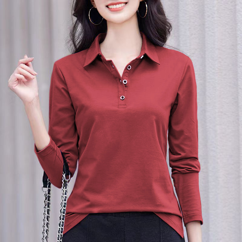 Polo Collar Long-Sleeved Right Shoulder T-Shirt for Women Spring & Fall New Middle-Aged and Elderly Mother's Wear Versatile Slimming Look Collared Top Pure Cotton