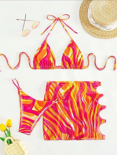 Factory direct sales 2024 bikini bikini European and American sexy swimsuit swimsuit women's tie-dye three-piece set cross-border