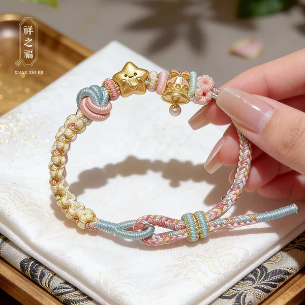 Dimple Knot Peach Blossom Bracelet for Women, Handmade Red Rope Bracelet, Adjustable, Can Be Fitted with Beads, Gold for Good Luck, Children's Accessory