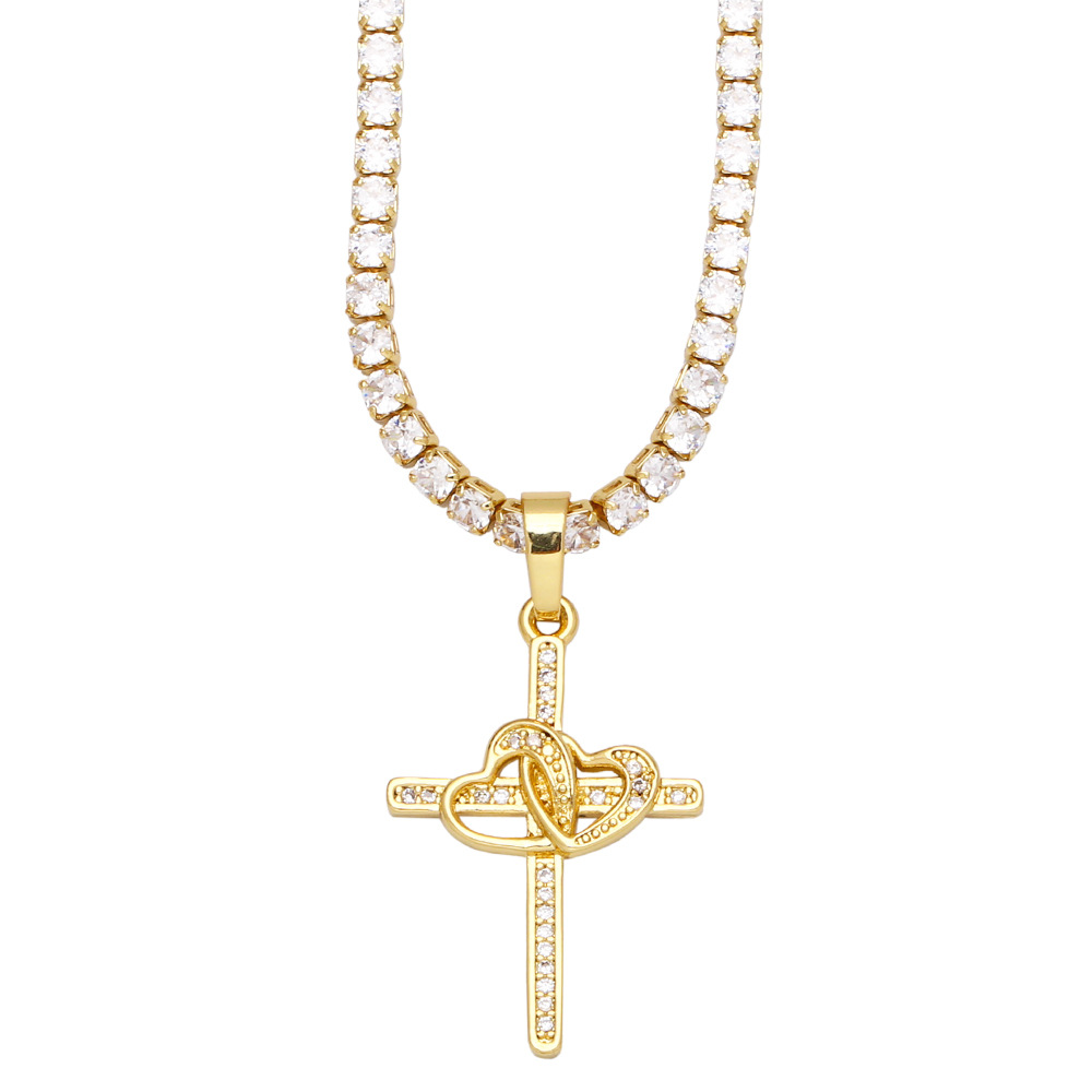 fashion single row diamond colored zircon heart cross copper clavicle chain