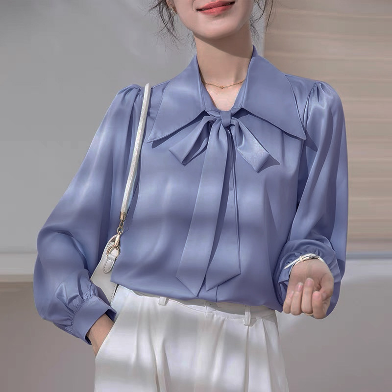 2025 春と秋の新ランタンスリーブボウシャツ白インナーシャツ女性のフォーマルレースアップデザイントップ|undefined