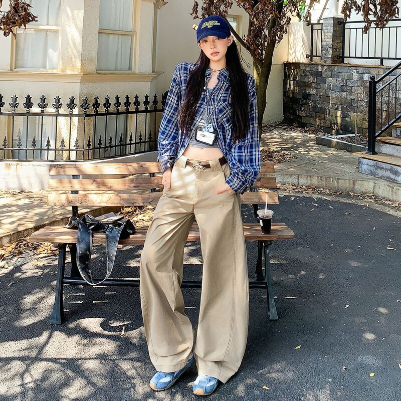稚橘#立体拼接阔腿弯刀工装牛仔裤女宽松显瘦遮胯小众百搭拖地裤|undefined