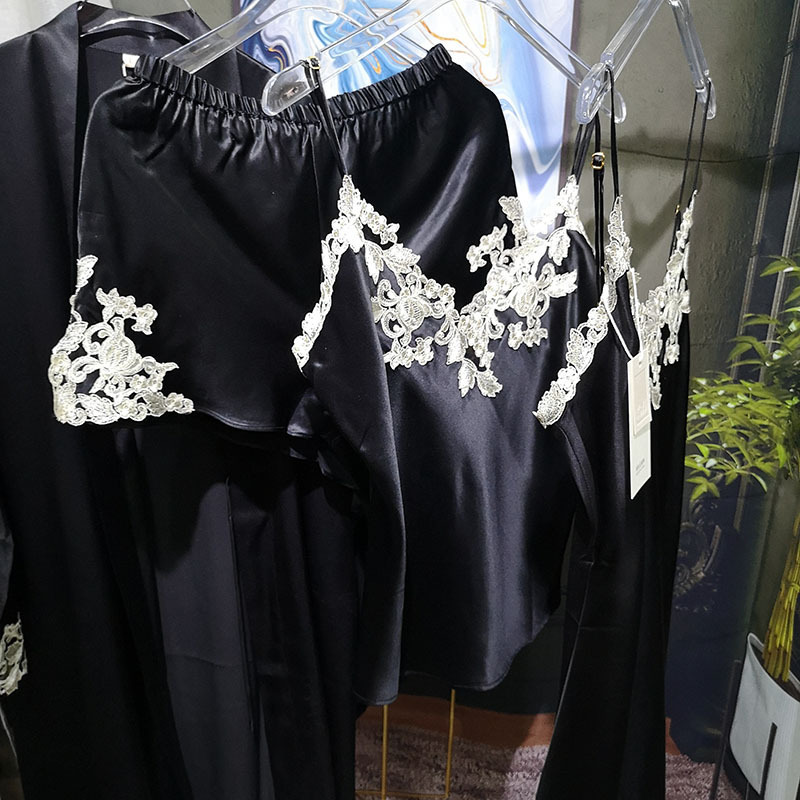 Mysterious Black Heavy Silk Pajamas 19mm Mulberry Silk LP Home Clothes Halter Skirt Nightgown Bathrobe Set