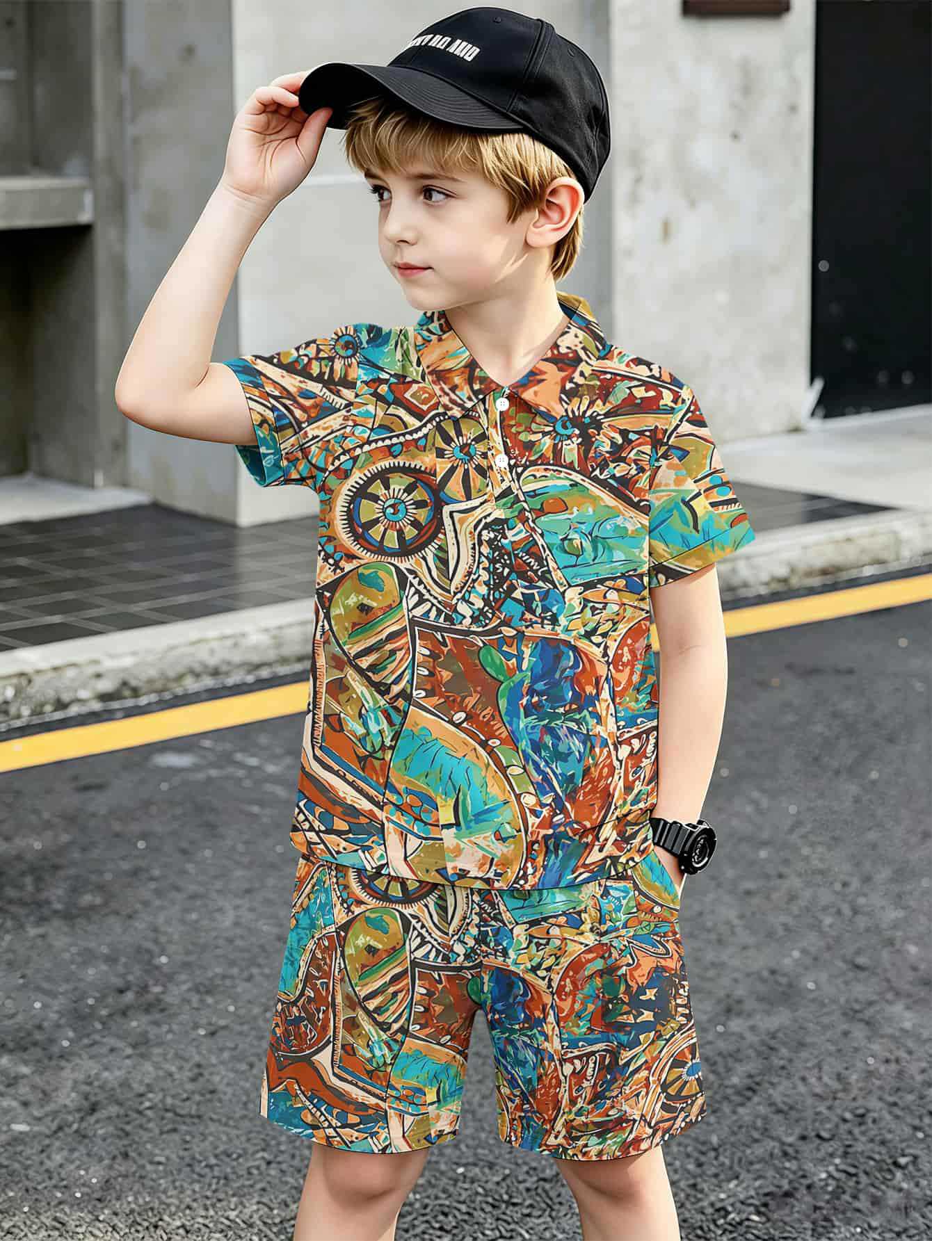 Conjunto de polo e calções para menino com estampado 3d_voghion.com