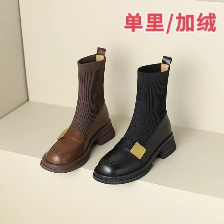 2025年复古棕色软皮圆头厚底针织袜靴女百搭金属扣松糕弹力时装靴|undefined