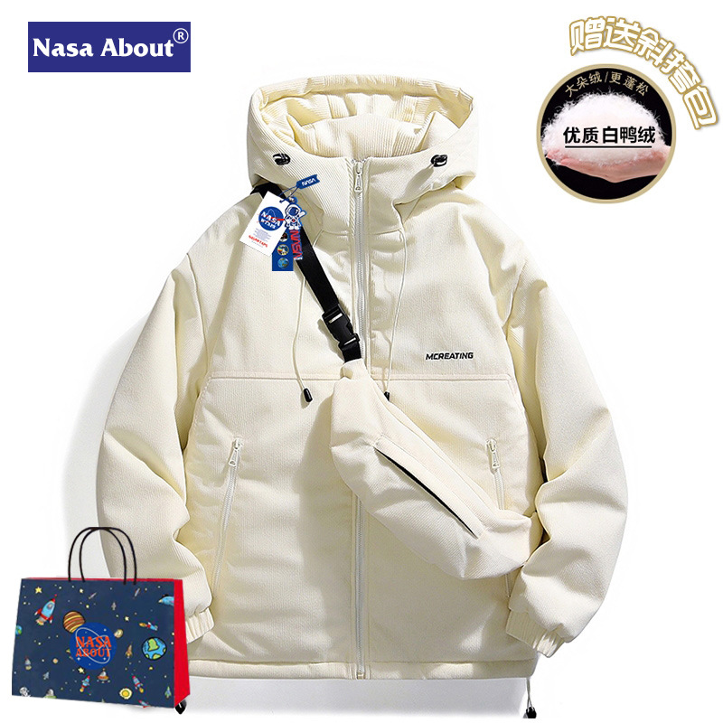 Nasa Co-Branded New White Duck down Thickened down Jacket for Men, Winter Trendy Brand Loose Versatile Coat for Men