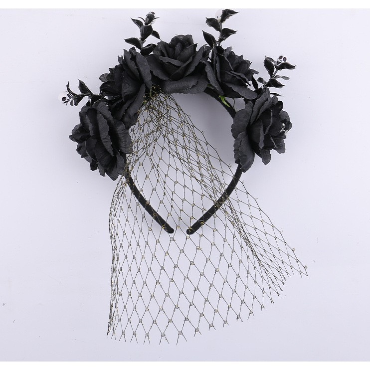 Halloween rosas mallas de hilo banda de cabello fiesta espectáculo de fantasmas botones de cabeza guirlandas oscuras banda de cabello adornamientos para el cabello al por mayor