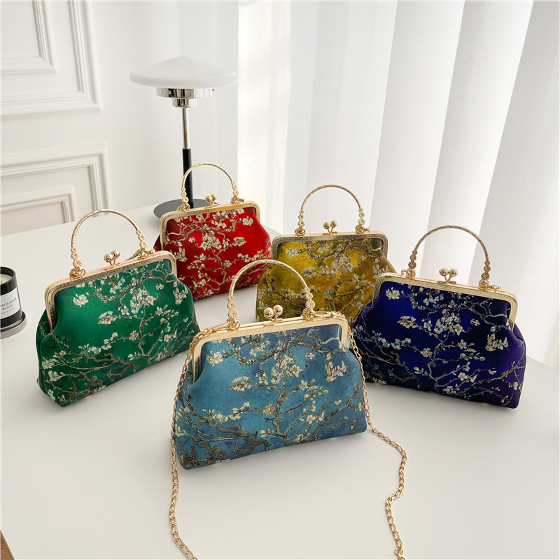 Van Gogh apricot flower finished casual cheongsam National style all-match crossbody shoulder portable mouth gold bag Fashion Women's bag handbag Van Gogh apricot flower finished casual cheongsam National style all-match crossbody shoulder portable mouth gold bag Fashion Women's bag handbag