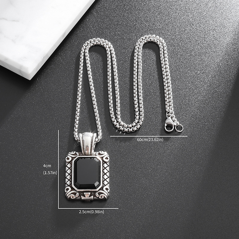 Collier Pendentif Carré En Alliage Écologique Pierre Noire Luxe_voghion.com