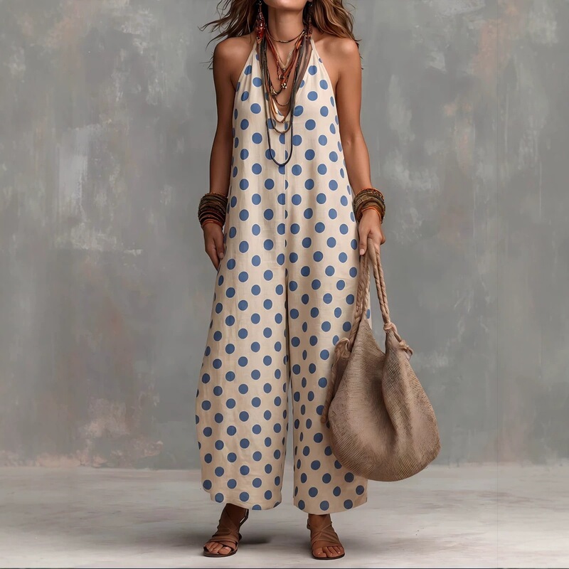 2026 European and American Cross-Border Polka Dot Halter Neck Jumpsuit, Beige Base with Blue Dots, Loose Wide-Leg Sleeveless Vacation Jumpsuit 2026 European and American Cross-Border Polka Dot Halter Neck Jumpsuit, Beige Base with Blue Dots, Loose Wide-Leg Sleeveless Vacation Jumpsuit