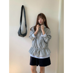 GAGD 减龄松弛感_时髦抽绳收腰宽松卫衣女韩系设计感花苞拉链帽衫